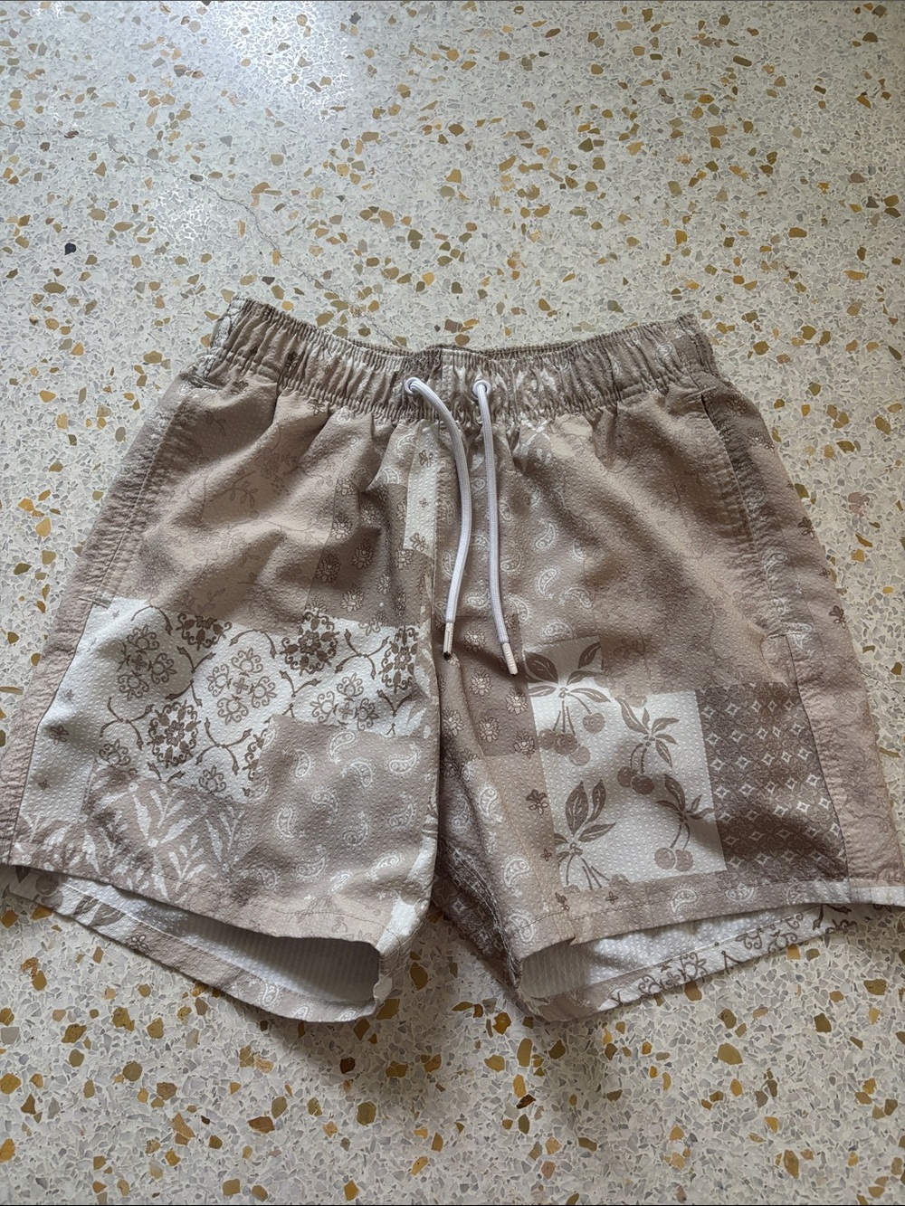 Hollister Beige Patchwork Swim Shorts with White Drawstring